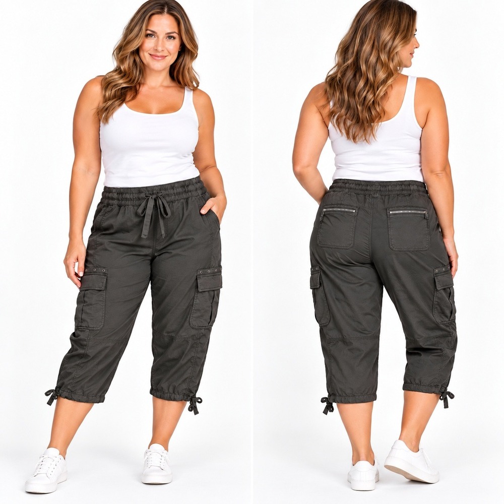 Lane Bryant Women 14/16 Cargo Capri Pants Green Elastic Waist Drawstring Cropped